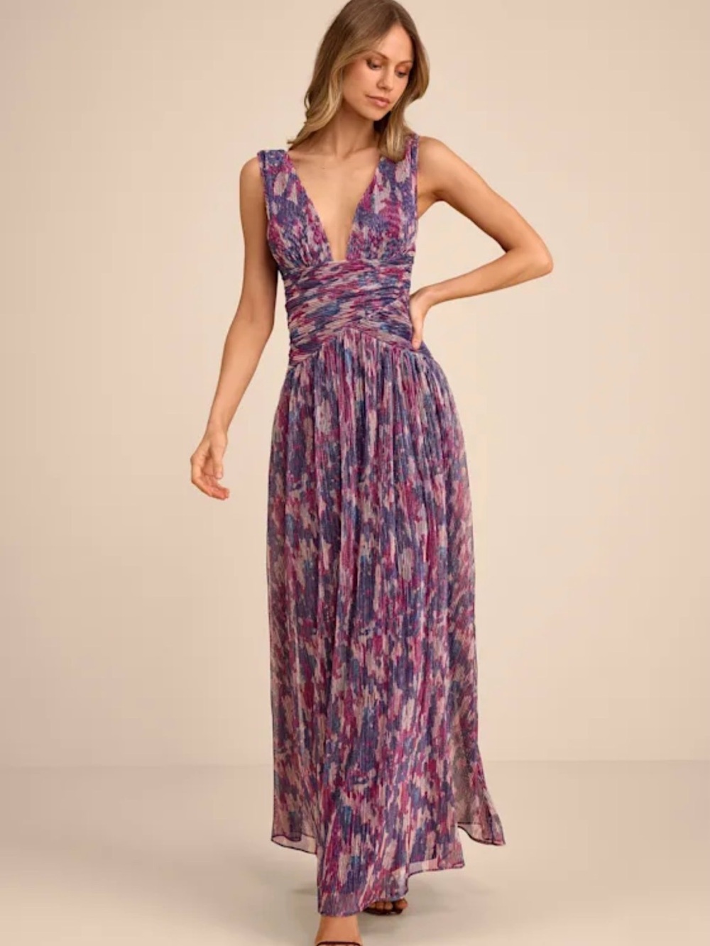 Lulu’s Evaluna Purple Abstract Print Lurex Pleated Maxi Dress